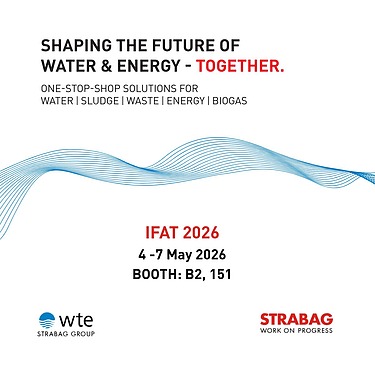 werbegrafik zur Ankündigung von STRABAG und WTE auf der IFAT 2026 mit dem Text 
