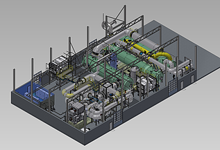 3D model of an industrial facility with pipes, tanks, and machinery arranged inside a large rectangular building.