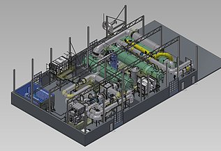 3D-Modell einer Industrieanlage mit Rohren, Tanks und Maschinen, die in einem großen rechteckigen Gebäude angeordnet sind.
