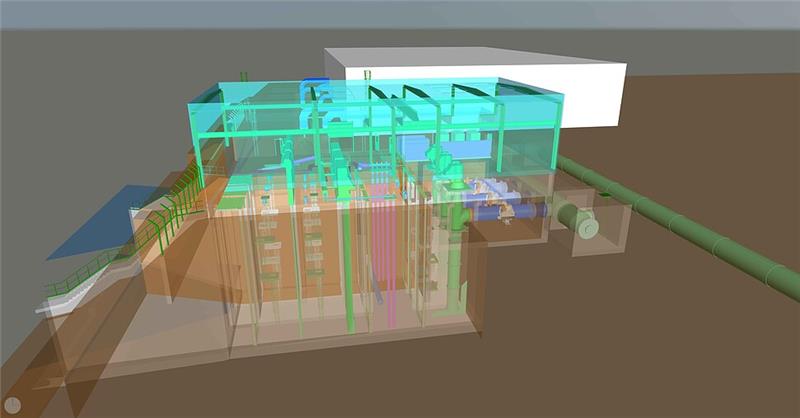 3D-Visualisierung der technischen Wasserentnahme- und Förderanlage für Europas größte Flusswasser-Wärmepumpe in Köln. Das transparente Gebäudemodell zeigt Rohrleitungen, Pumpensysteme, Schächte sowie die Infrastruktur zur Entnahme und Weiterleitung von Rheinwasser für die klimaneutrale Fernwärmeversorgung.
