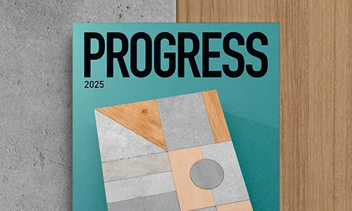 Cover des STRABAG Magazins PROGRESS 2025 mit geometrischem Design