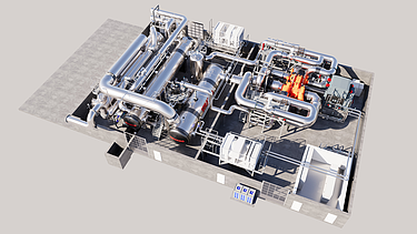 Aerial CAD overview of the completed industrial heat pump system, showing pipe routing, pressure vessels, and compressor units.