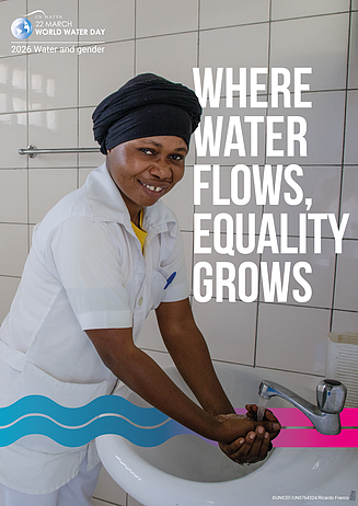 A person wearing a white uniform and a head covering is washing hands at a sink in a tiled room. A poster graphic overlays the image, featuring the World Water Day 2026 logo and the slogan “Where water flows, equality grows,” along with blue and pink wave graphics near the bottom.