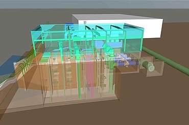 3D visualisation of the technical water extraction and conveyance system for Europe’s largest river-water heat pump in Cologne. The transparent building model shows pipework, pump systems, shafts and the infrastructure for extracting and conveying water from the Rhine for the climate-neutral district heating supply.