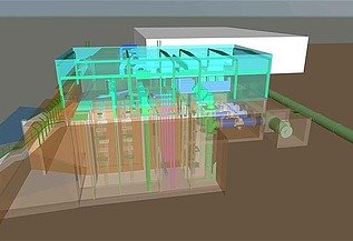 3D visualisation of the technical water extraction and conveyance system for Europe’s largest river-water heat pump in Cologne. The transparent building model shows pipework, pump systems, shafts and the infrastructure for extracting and conveying water from the Rhine for the climate-neutral district heating supply.