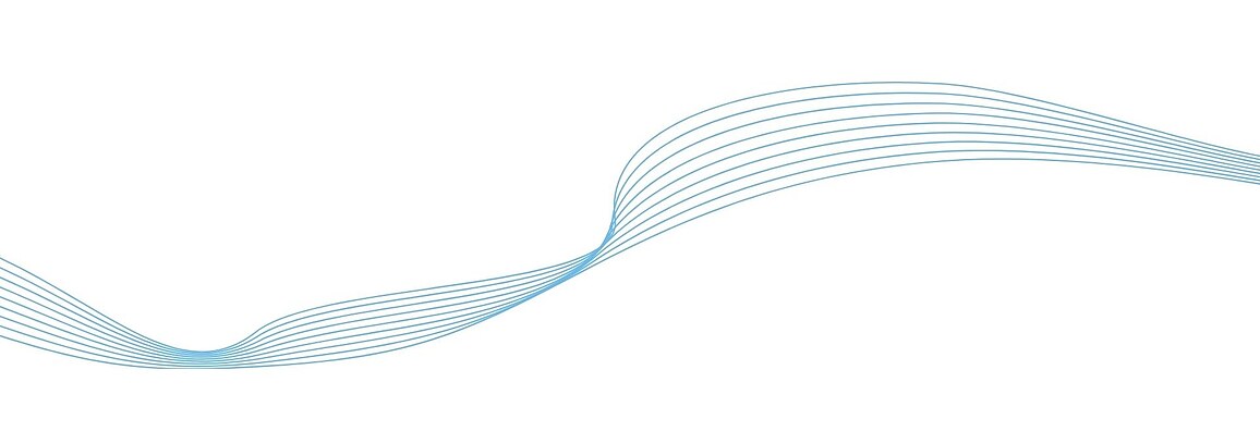 Abstraktes grafisches Element mit fließenden blauen Linien, die ein weiches Wellenmuster auf weißem Hintergrund bilden.
