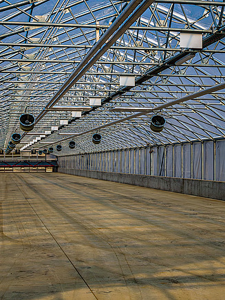 Interior view of a large greenhouse-like structure with a transparent roof and metal framework, designed for solar sludge drying, featuring an empty concrete floor and overhead ventilation fans.
