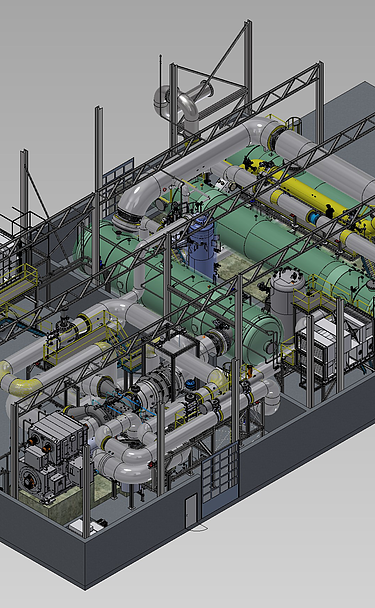 3D model of an industrial facility with pipes, tanks, and machinery arranged inside a large rectangular building.