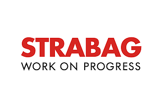 STRABAG logo displayed on a light grey background, featuring the company name in red uppercase letters with the slogan “WORK ON PROGRESS” in black below.