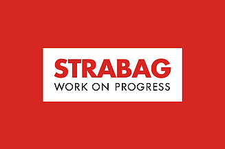 STRABAG logo with the slogan “Work on Progress” on a red background.