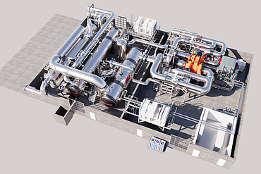 CAD-Übersichtsdarstellung der fertiggestellten industriellen Wärmepumpenanlage aus der Vogelperspektive, mit Darstellung der Rohrverlegung, der Druckbehälter und der Kompressoreinheiten.