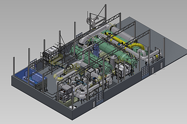 3D-Modell einer Industrieanlage mit Rohren, Tanks und Maschinen, die in einem großen rechteckigen Gebäude angeordnet sind.