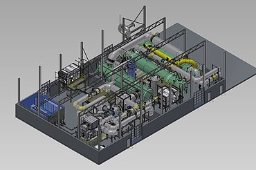 3D-Modell einer Industrieanlage mit Rohren, Tanks und Maschinen, die in einem großen rechteckigen Gebäude angeordnet sind.