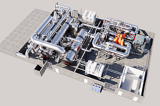 CAD-Übersichtsdarstellung der fertiggestellten industriellen Wärmepumpenanlage aus der Vogelperspektive, mit Darstellung der Rohrverlegung, der Druckbehälter und der Kompressoreinheiten.